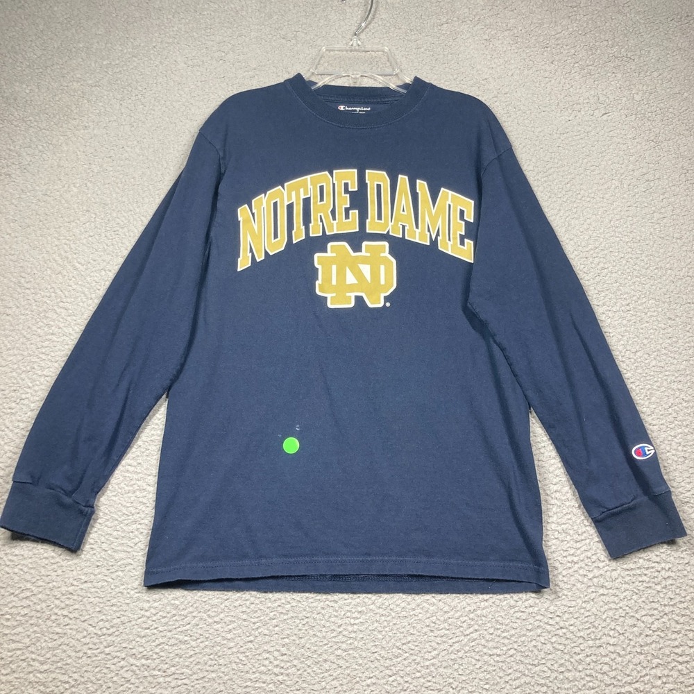 Notre Dame T Shirt‎ Adult Small Blue Fighting Irish Long Sleeve Champion STAIN